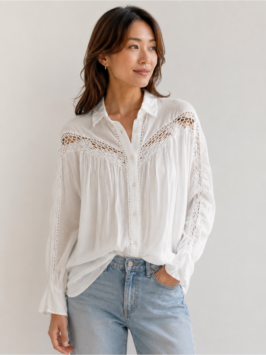 Free People 100% Cotton White Crochet Yoke Button-Down Blouse S